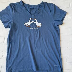 Life is Good Goose Bumps Vneck Cotton Blue Grey Short Sleeve Tshirt -sz L